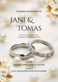 invitation card Wedding rings on white pearls A5 template
