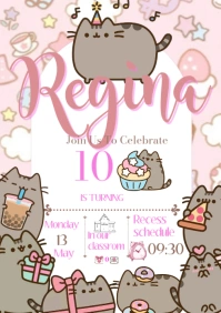 Invitation pusheen cat Grild cute happy Brithday party celebration A4 template
