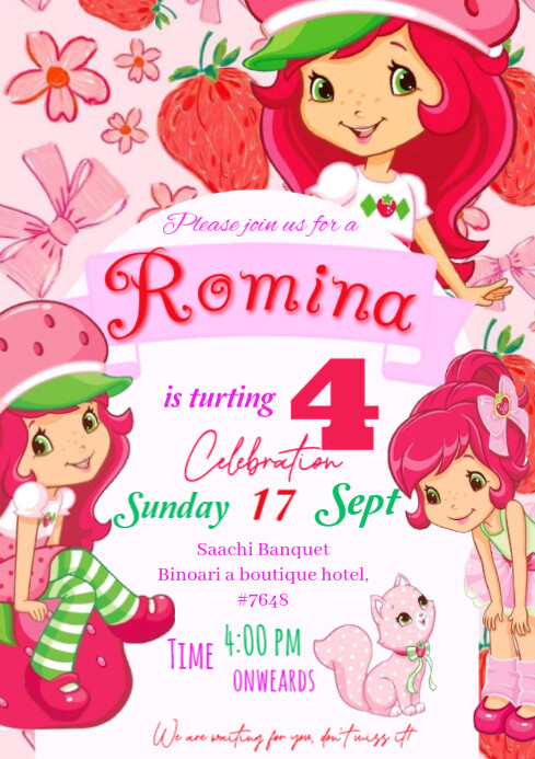 Strawberry Shortcake's Berry Bitty Adventures Invitatio happy Brithday party Grild temple A4 template