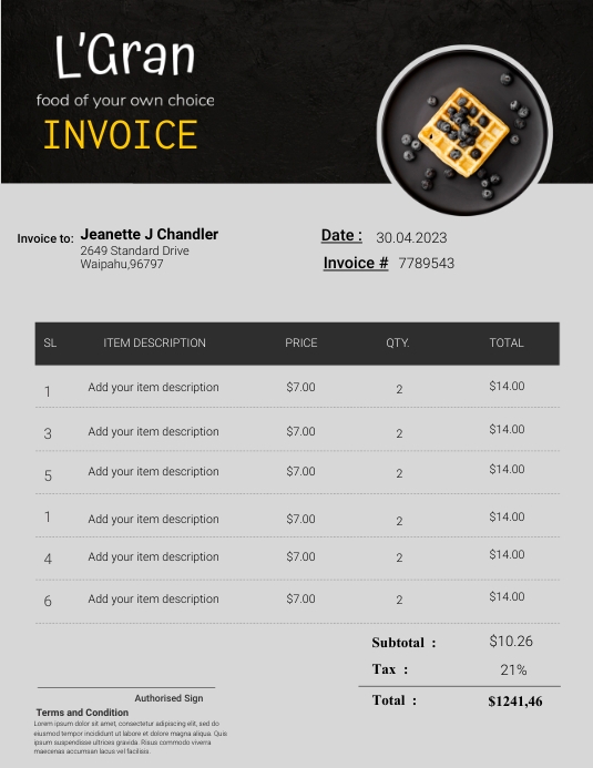 Menu Printing Invoice Example Invoice Food Restaurant Template | PosterMyWall