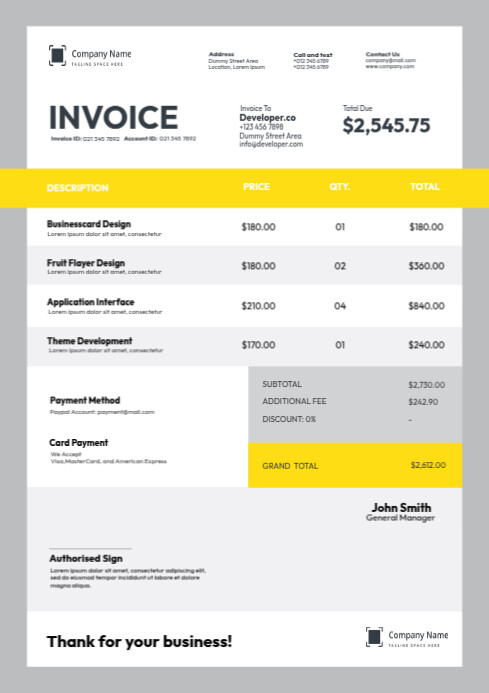 Yellow Invoice Template | PosterMyWall