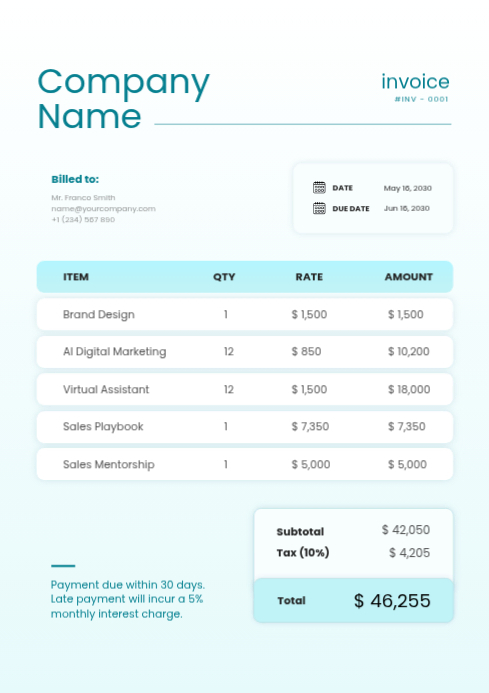 Technical Work Invoice White Invoice A4 Template | PosterMyWall