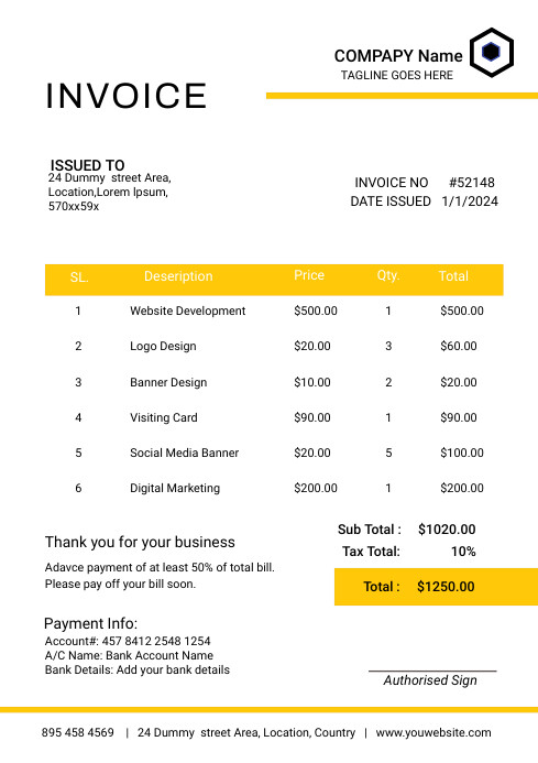 Invoice To Copy Copy of Invoice Template yellow color (1) | PosterMyWall