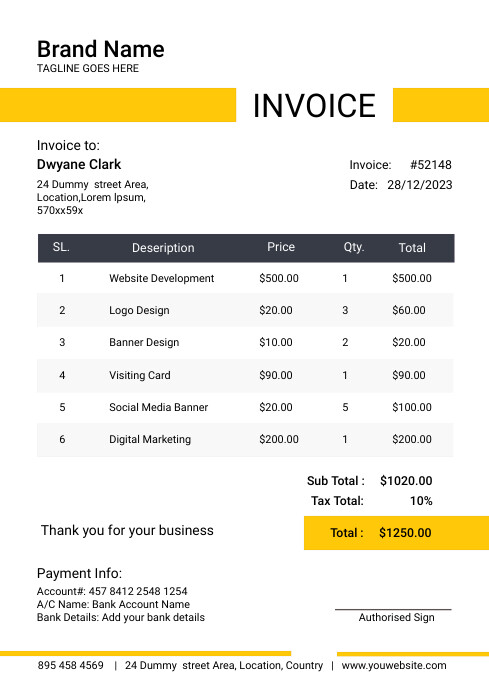 Invoice Template yellow color | PosterMyWall