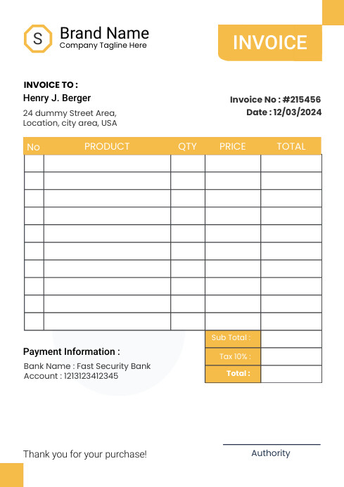 Invoice template yellow | PosterMyWall