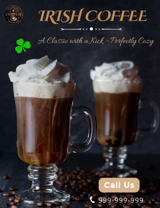 Irish Coffee Promo Template – Cozy & Classy Café Flyer Design Ulotka (US Letter)