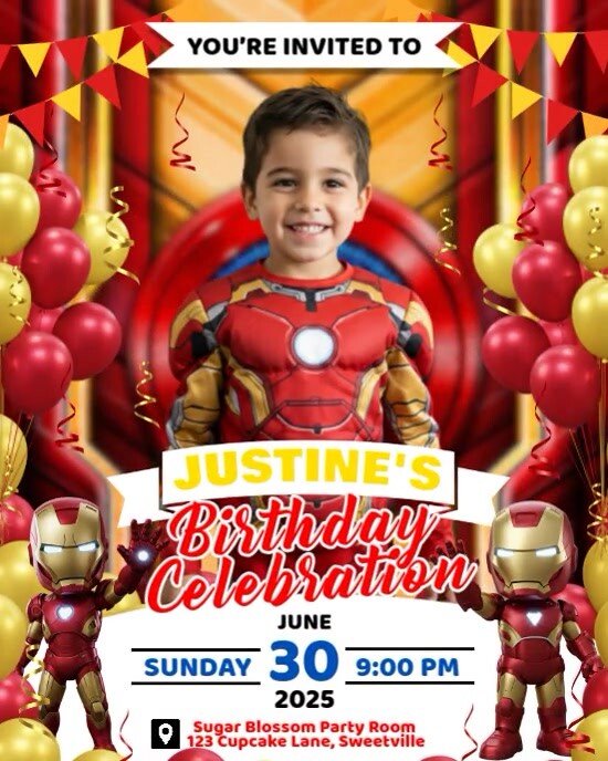 iron man theme birthday invitation party for kids Instagram Portrait template