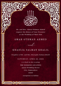 Islamic Gold Red Arch Ornate Arabesque Wedding Invitation Design Template A6