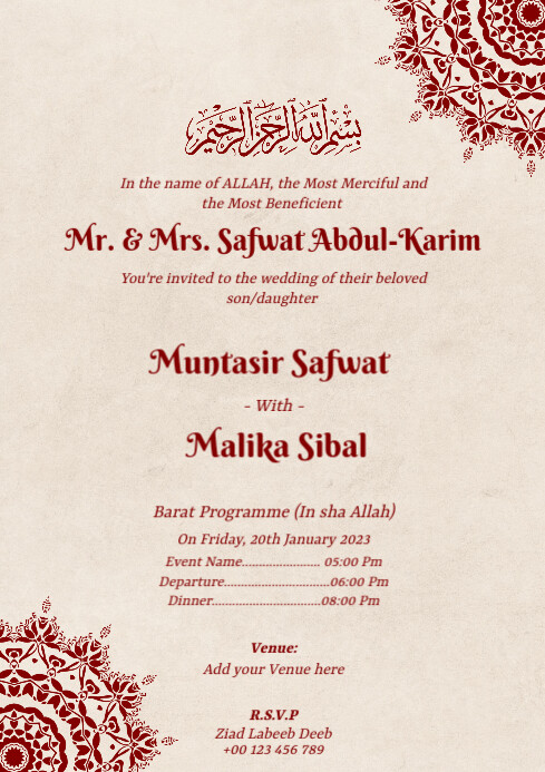 Islamic Wedding Invitation Card Template | PosterMyWall