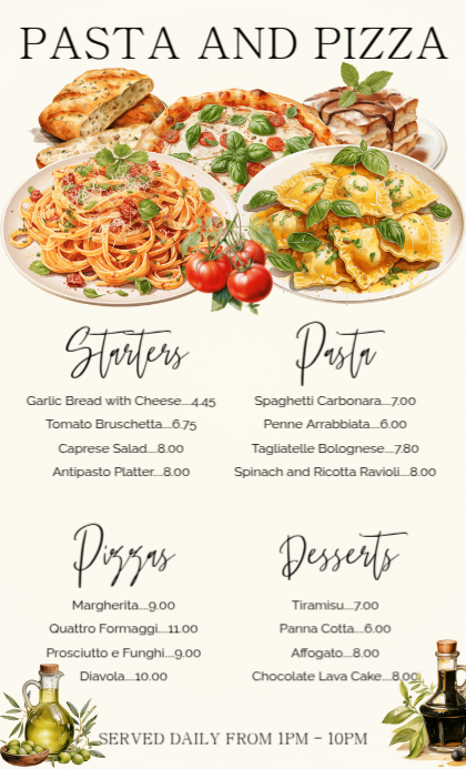 Italian Food Restaurant Pizza and Pasta Menu Template | PosterMyWall