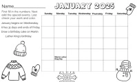 January Calendar Worksheet US Legal template