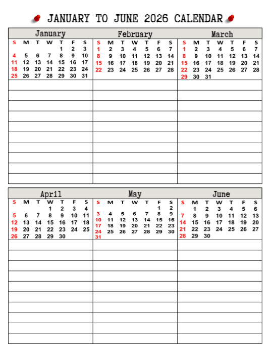 January to June 2024 Calendar 传单(美国信函) template