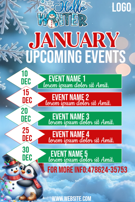 January upcoming events schedule flyer Template | PosterMyWall