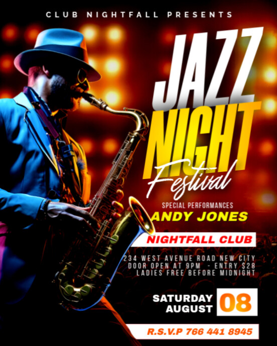 Jazz night music festival live saxophone band performance concert event showcase party poster flyer Instagram Portrait template