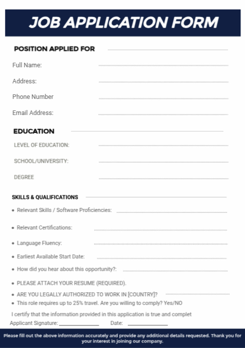job application form A4 template