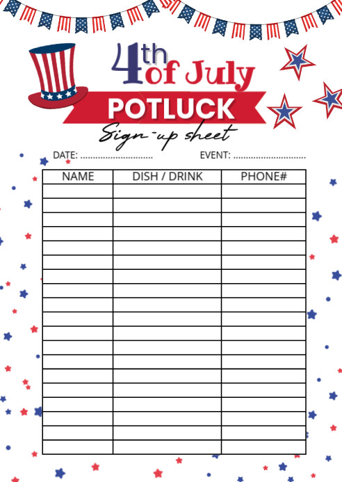 Joyful 4th Of July Potluck Signup A6 template