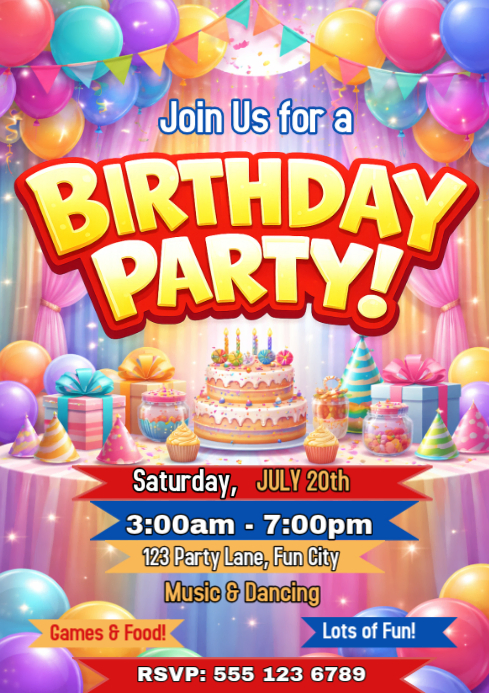Joyful Birthday Party A4 Template | PosterMyWall