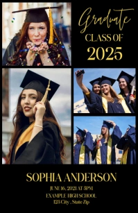 Joyful Black And Gold Graduation Announcement Card Half Page Wide template