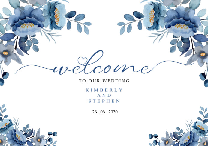 Joyful Blue Floral Watercolor Welcome Wedding Sign A2 template