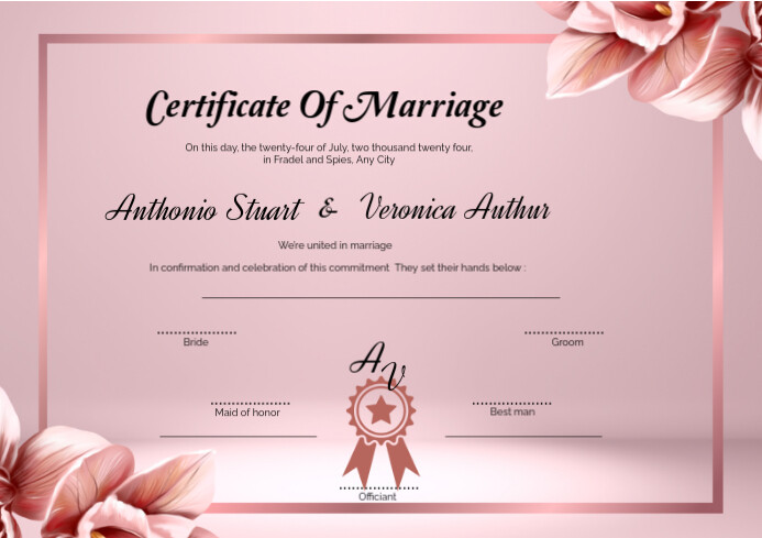 Joyful Certificate Of Marriage Flowers Pink A4 Template | PosterMyWall