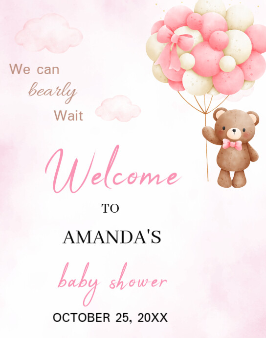 Joyful Editable Pink Balloon, Teddy Bear Baby Shower Welcome Sign Poster/wallboard template