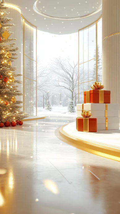 Joyful Elegant Christmas Interior With Gifts And Golden Lights Digital ...