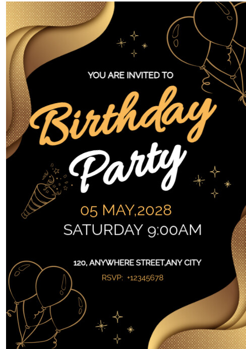 Joyful Gold And Black Birthday Party Invitation Portrait A5 Template ...