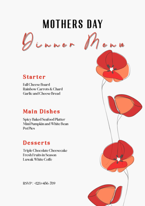 Joyful Mothers Day Dinner Menu A4 Template | PosterMyWall