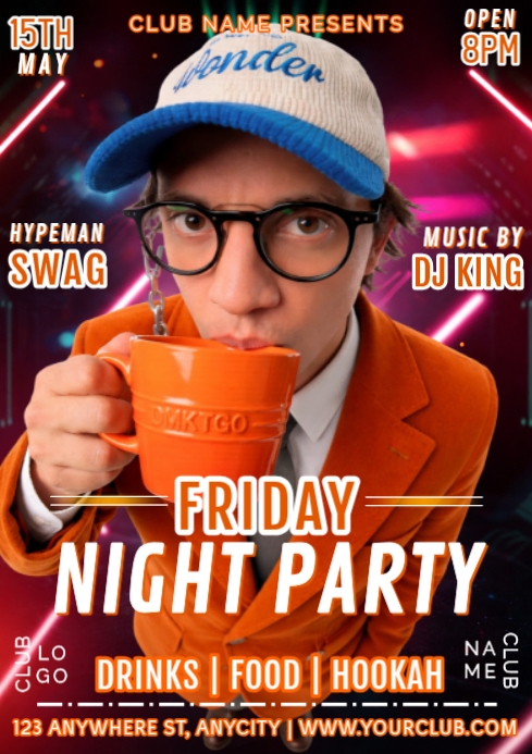 Joyful Orange Friday Night Party Invitation Social Media A4 Template ...