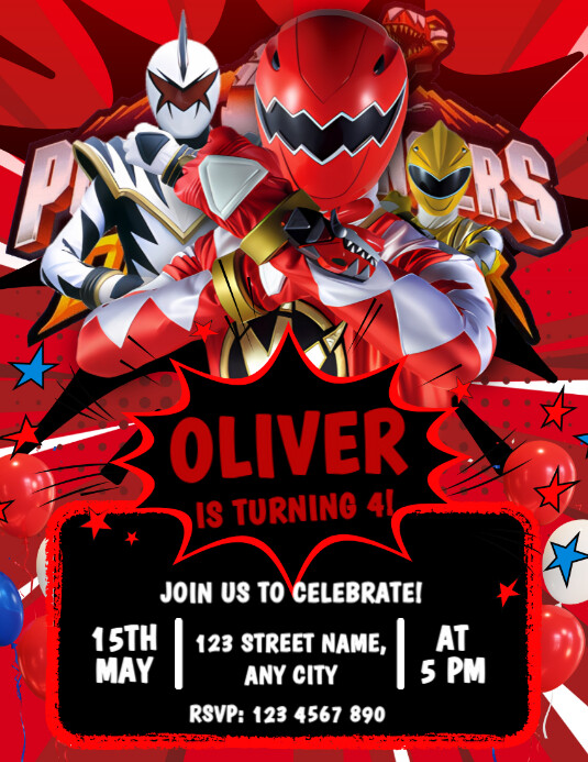 Copy of Joyful Power Ranger Dino Thunder Birthday Invitation Flyer (us ...