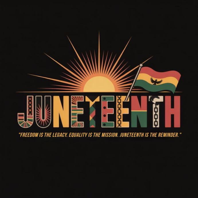 Joyful Powerful Juneteenth Poster Freedom Equality And Legacy Design With African Flag And Sunburst โพสต์บน Instagram template