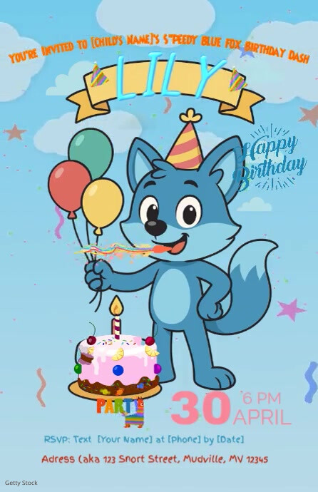 Joyful Speedy Blue Fox Birthday Dash Tabloid template