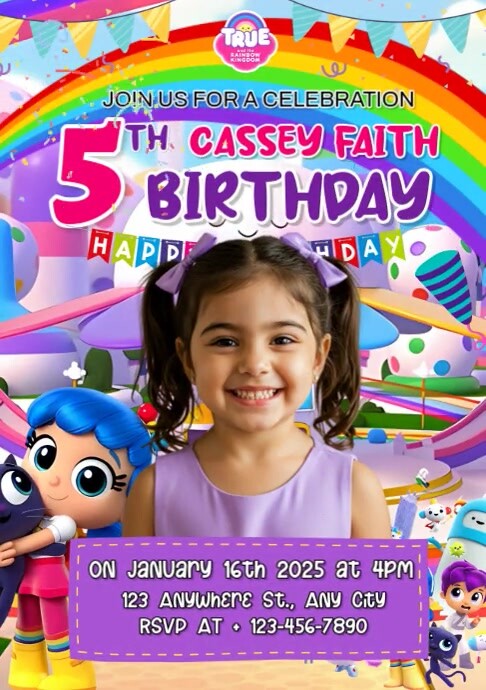 Joyful True And The Rainbow Kingdom Birthday Invitation A4 template