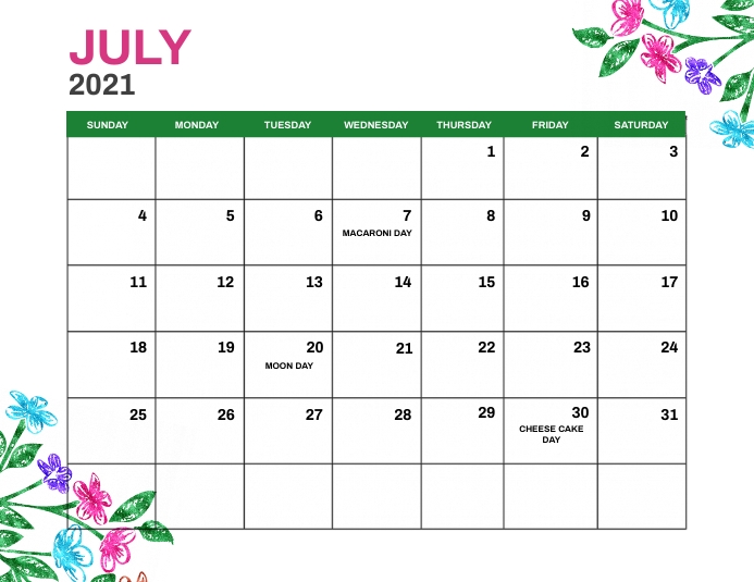 July 2021 Monthly Events Calendar Template Flyer (format US Letter)