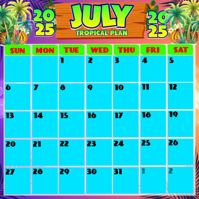 July 2025 Tropical Calendar Template – Bright & Fun Theme Instagram Post