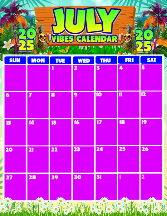 July 2025 Vibes Calendar Template – Tropical Them 传单(美国信函)