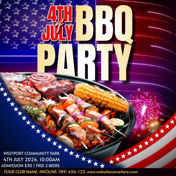 July 4th BBQ party invitation card Publicação no Instagram template