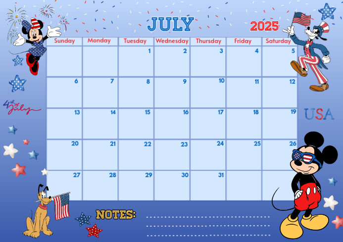 July Mickey and Friends 2025 Calendar Template | PosterMyWall