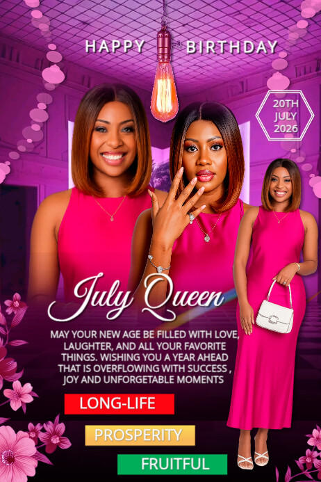 July Queen Birthday Flyer | Pink Glam Celebration Template for Women 海报