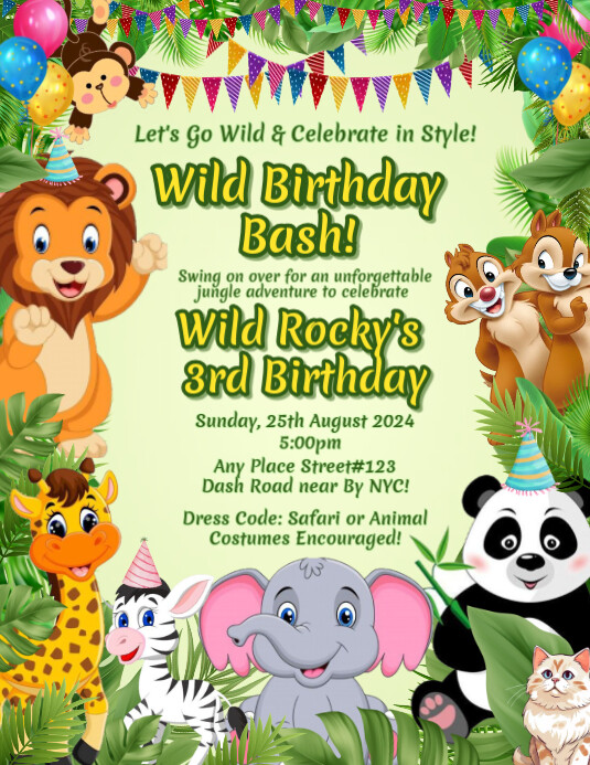 Kids Birthday JUNGLE THEME BIRTHDAY INVITATION FLYER, Iflaya (Incwadi ye-US) template