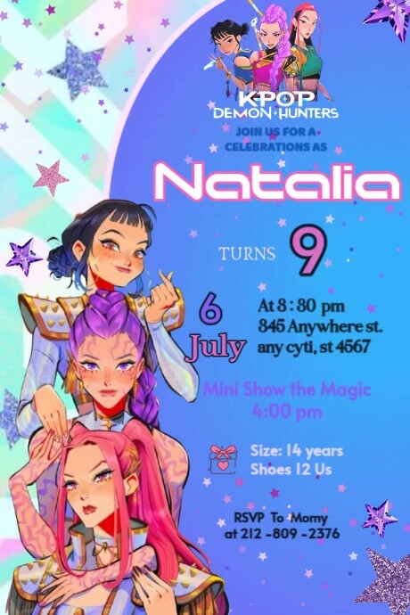 k pop demon hunters |  Las guerreras K-pop invitation Brithday parhappy Brithday party temple flayer Poster template