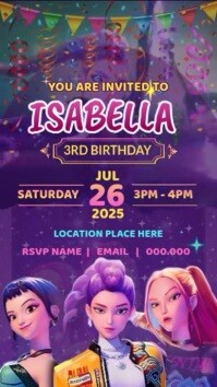 K-pop Demon Hunters Invitation Happy Birthday Party Video Template  Digital Display (9:16)