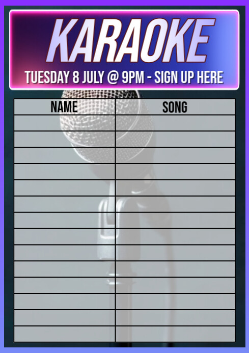 Karaoke Night Signup to Sing Form A4 template