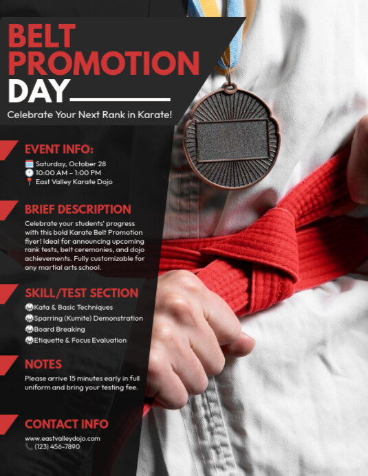 Karate Belt Promotion Flyer Template | Dojo Rank Test, Martial Arts Certificate