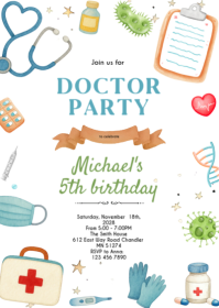 Kids doctor birthday theme invitation A6 template