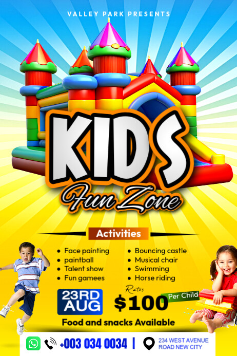 Kids fun zone amusement park play bouncy castle advertisement promotion social media flyer template Plakkaat