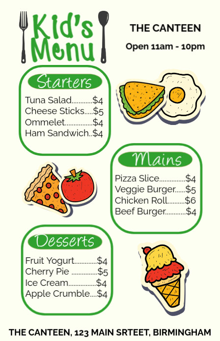 Kids Menu Template - Simple Menu Half Page Wide