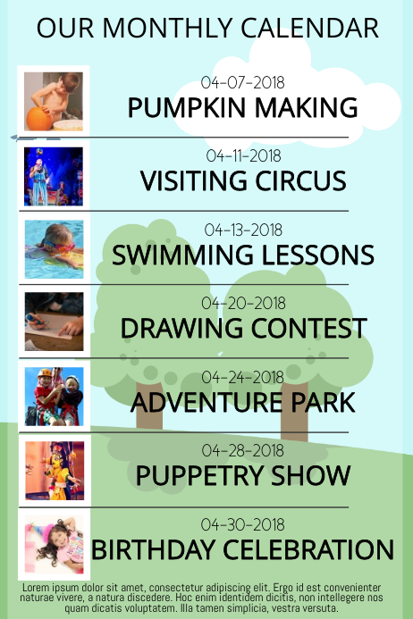 kids Or School monthly activity calendar 海报 template