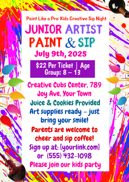 Kids Paint and Sip Party Flyer Invitation, Kids Paint Party Event Invite Template A6