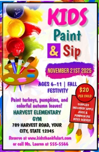 Kids Sip and Paint Event Flyer Template, Kids Painting Party Event Invitation Tabloide